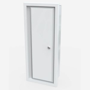 Ligature-resistant white fire extinguisher cabinet by Checkpoint Group