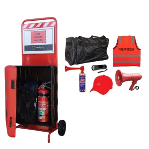 Complete fire warden emergency kit trolley with extinguisher, megaphone, and PPE by Checkpoint