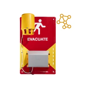 Wireless evacuation siren with yellow alarm and mounted red backing panel