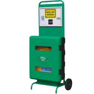 Mobile green first responder safety station with Spill Kit, signage, and storage compartments