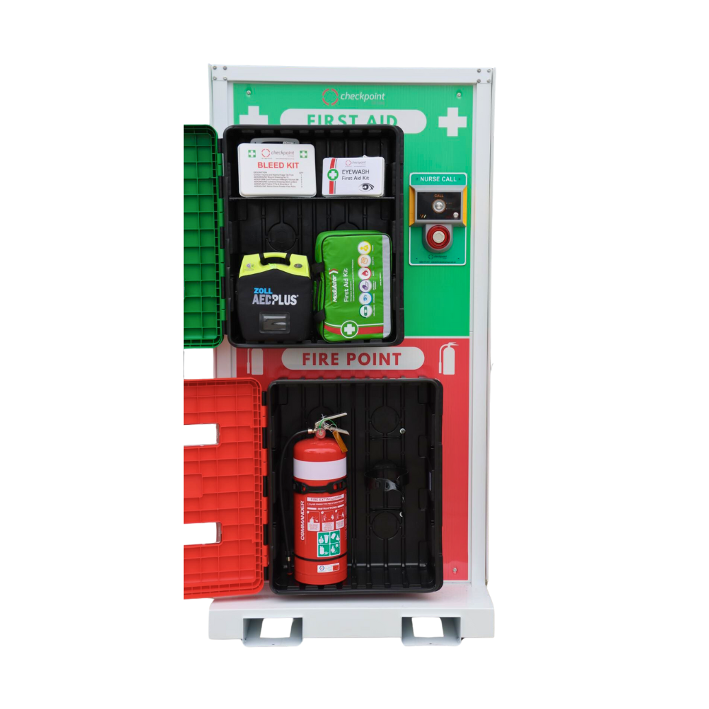 All-in-one mobile safety station featuring first aid and fire emergency kits