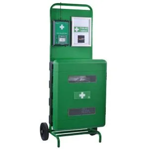 Mobile green first aid safety station with nurse call unit and compartment cases