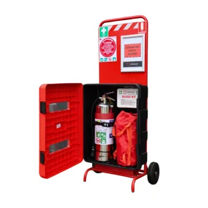 Lithium fire safety station with extinguisher, bleed kit, and safety signage by Checkpoint