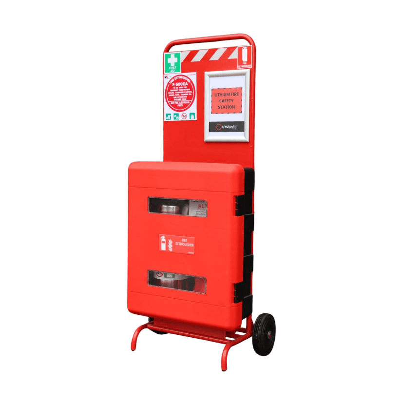 full image of the lithium fire safety station with signage and storage