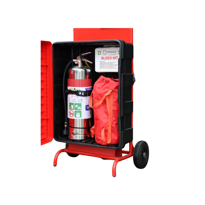 Lithium fire safety station, with lithium extinguisher