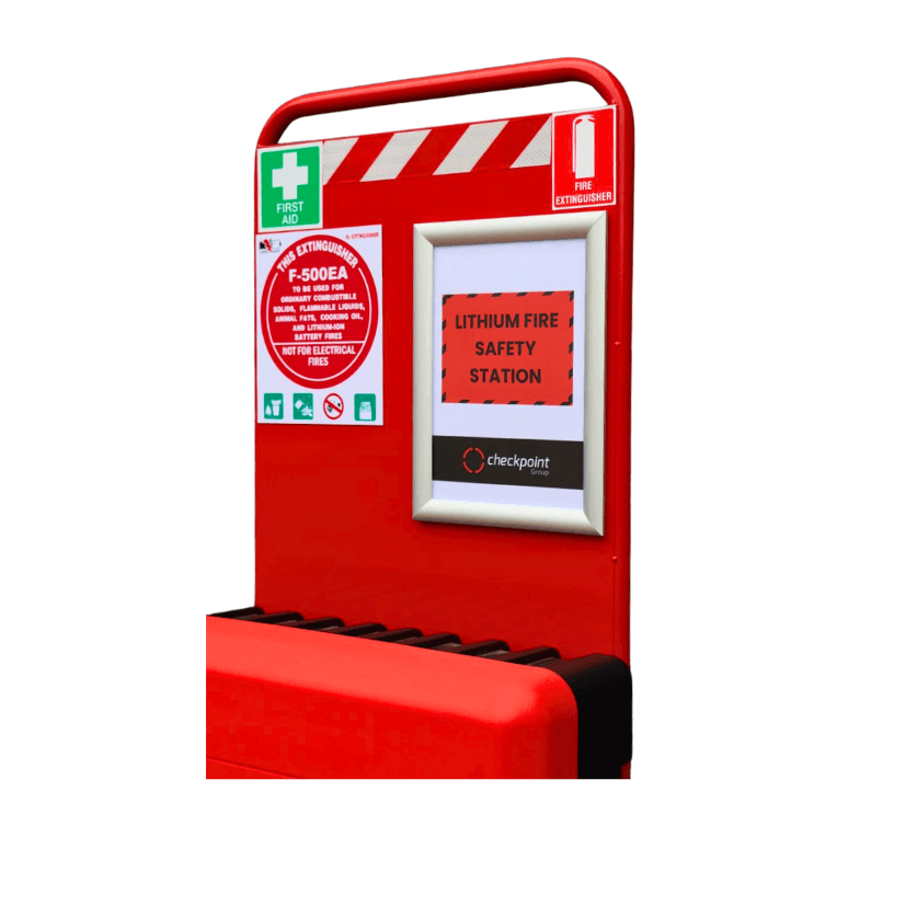 Lithium fire safety station with signage