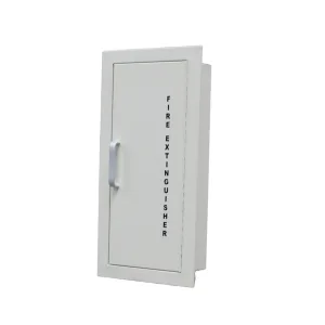 Recessed white fire extinguisher cabinet with printed label