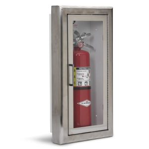 Stainless steel semi-recessed fire extinguisher cabinet with glass door